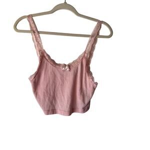 Y2k Pink Lace Trim Crop Cami Top Womens Small Bow‎ Detail Soft Ribbed Coquette